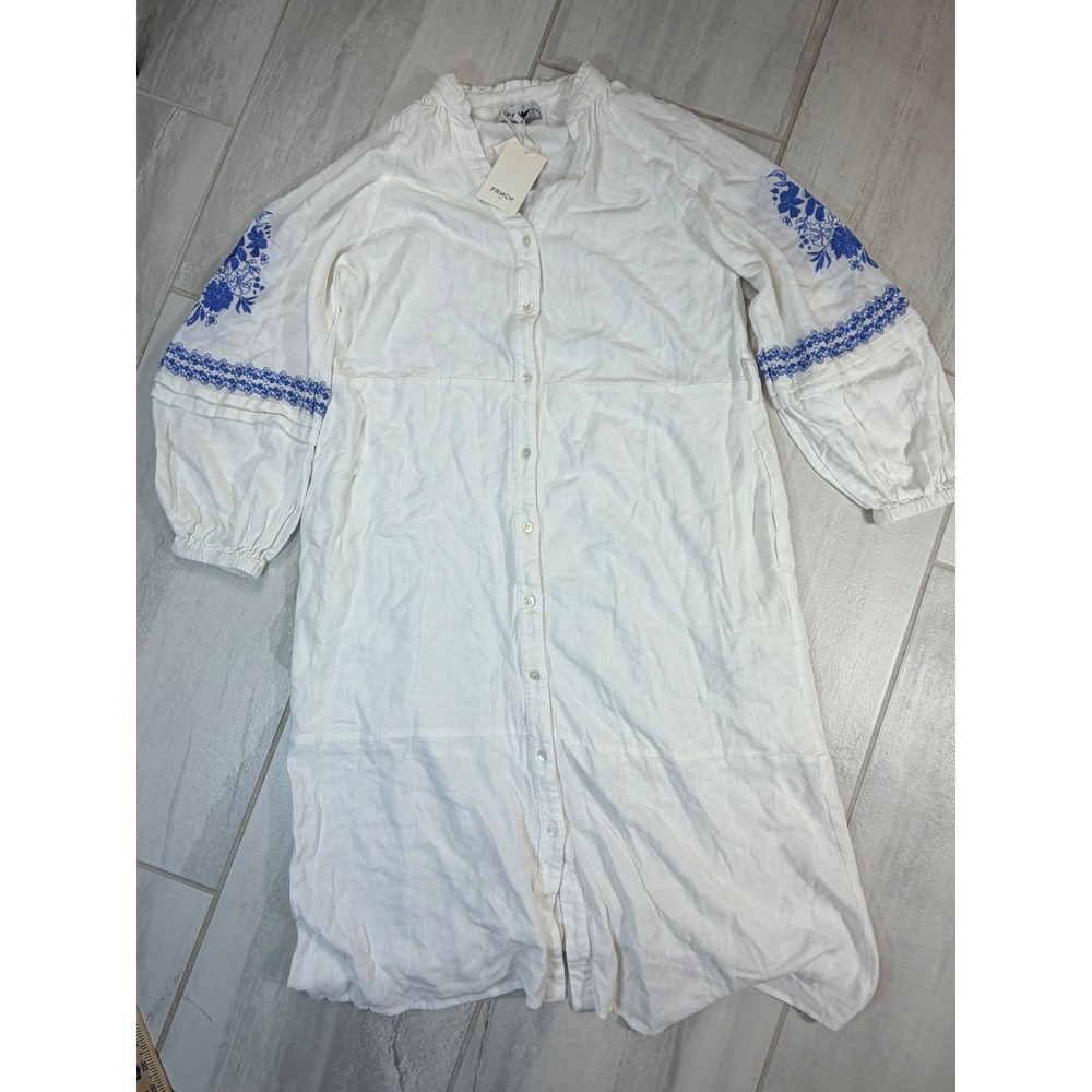 FRNCH Paris Octavie Midi Dress Cream Blue Embroidered Linen Blend NWT Size S